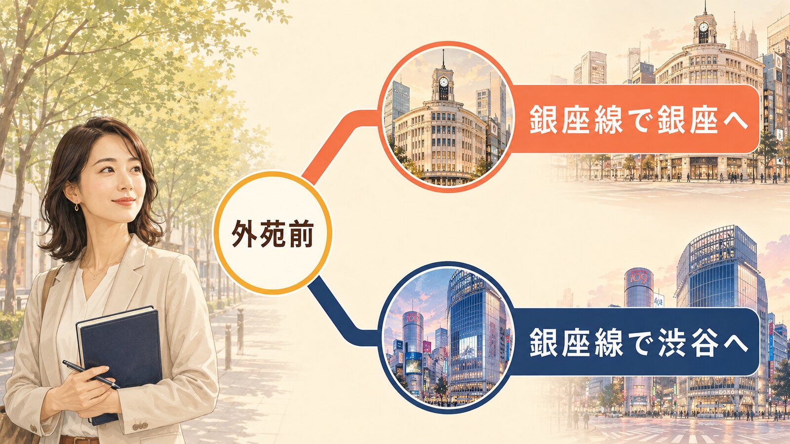 外苑前から銀座線で銀座と渋谷の英会話へ向かう二方向の通学ルート