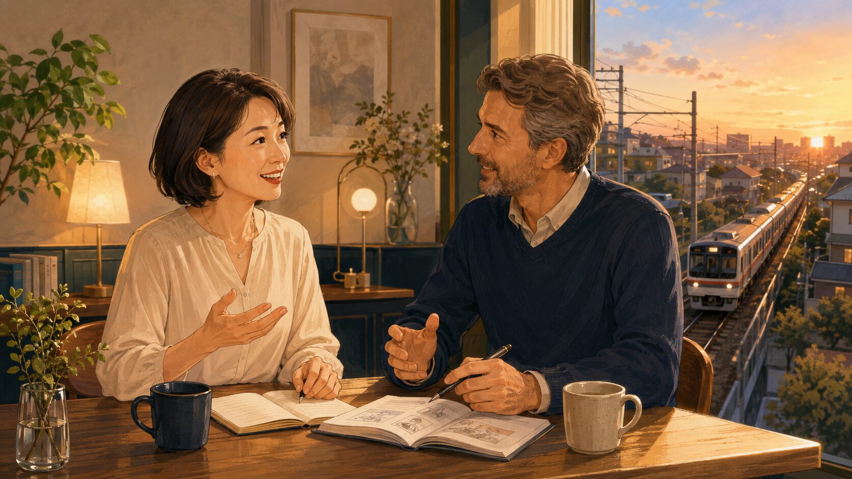 京王線が見えるカフェで英会話レッスンの予定を考える大人女性