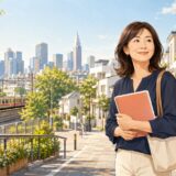 八幡山で英会話教室を探す大人女性と京王線・新宿のイメージ