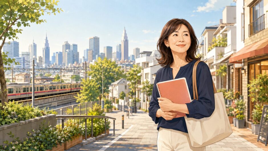 八幡山で英会話教室を探す大人女性と京王線・新宿のイメージ