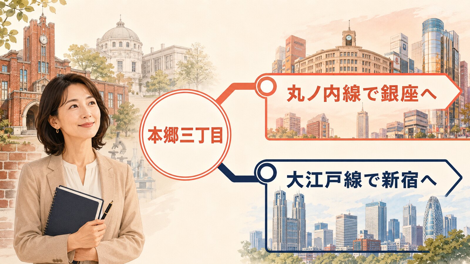 本郷三丁目から丸ノ内線で銀座、大江戸線で新宿の英会話へ向かう通学ルート