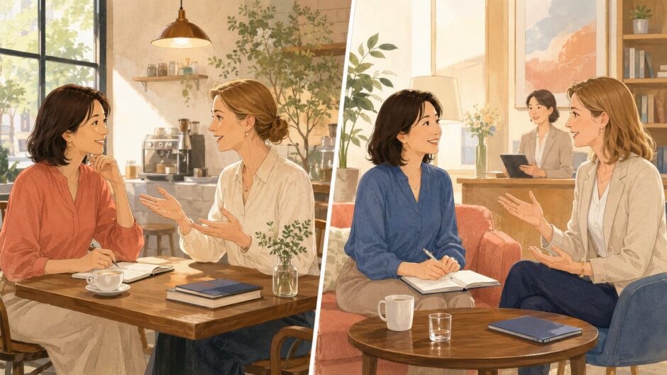 個人講師の英会話と英会話スクールを比較する女性