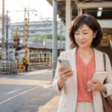 板橋区の駅から英会話教室への通学経路を確認する大人女性