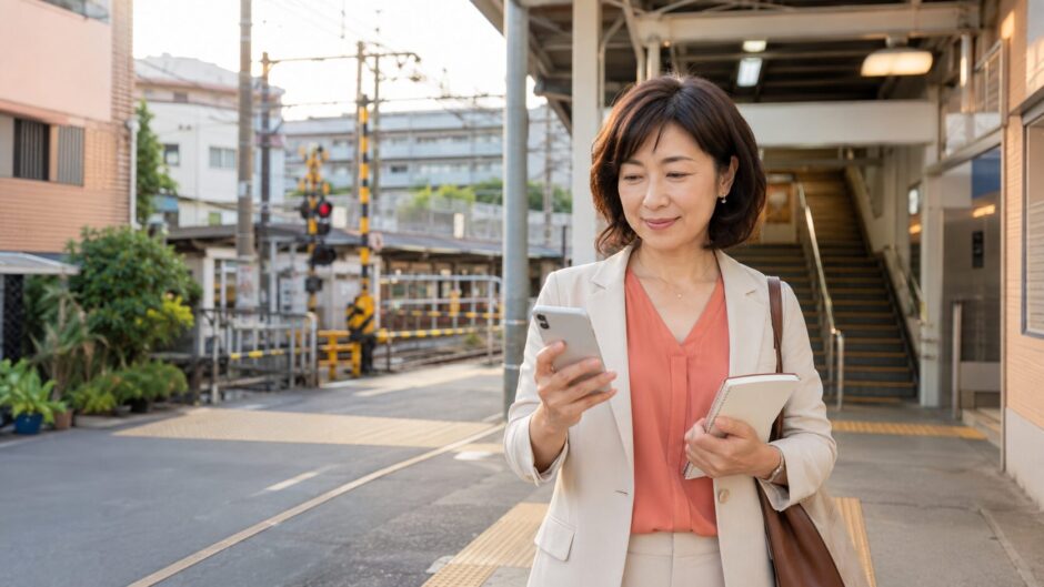 板橋区の駅から英会話教室への通学経路を確認する大人女性