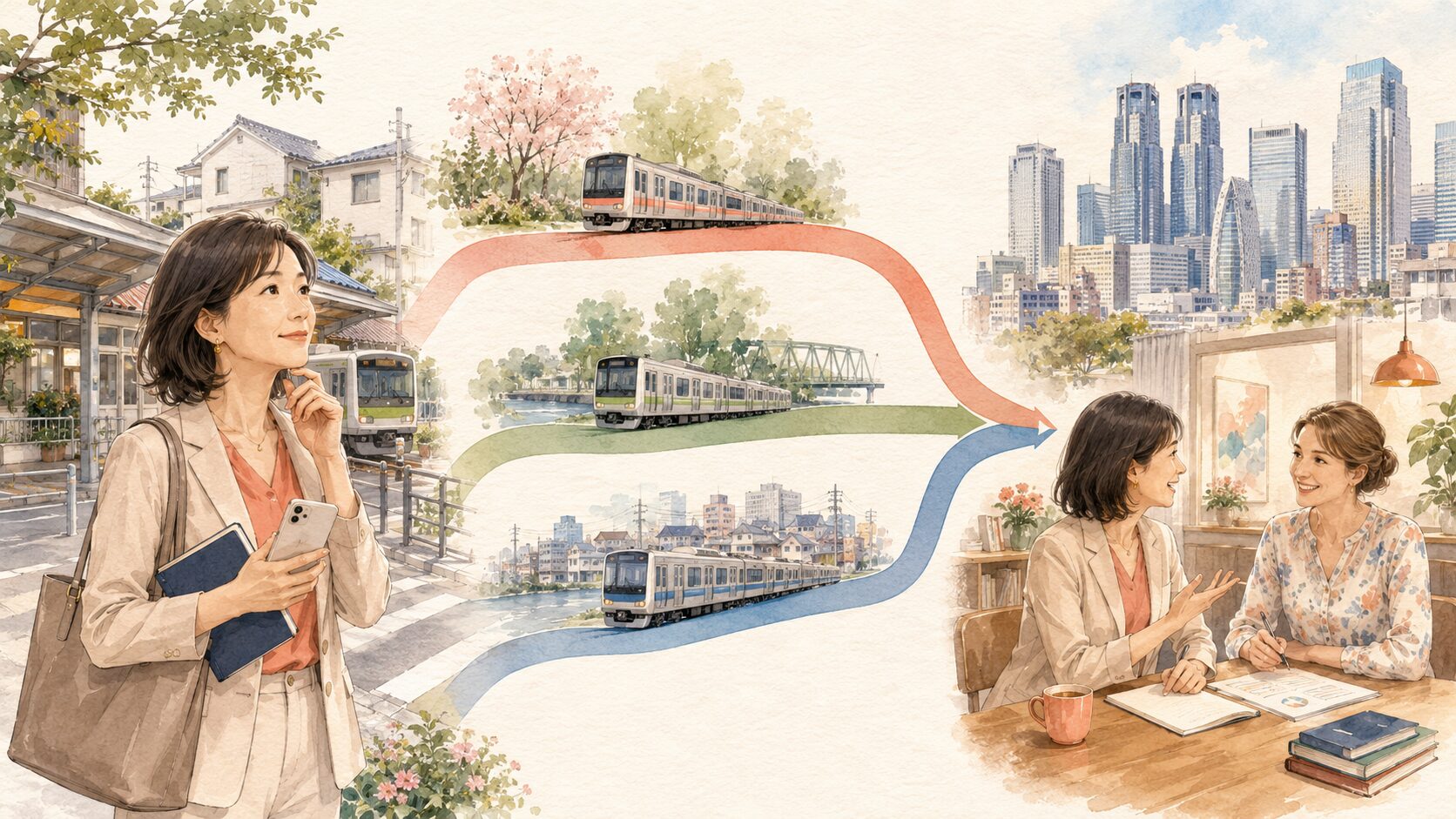 板橋区の三つの鉄道路線から新宿の英会話レッスンへ向かう大人女性のイラスト