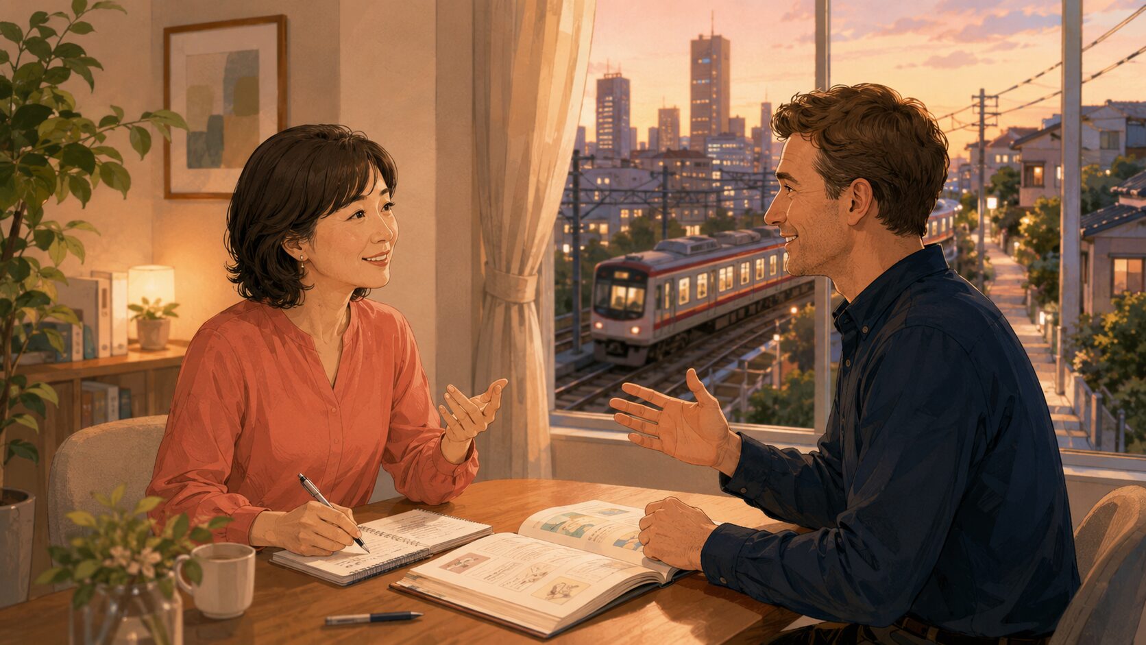 京王線が見えるカフェで英会話レッスンの予定を考える大人女性