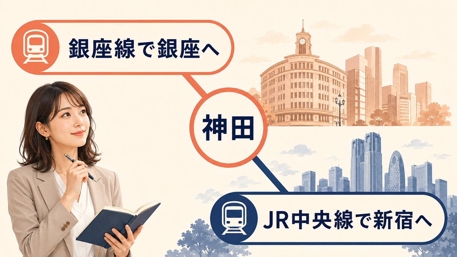神田から銀座線で銀座、JR中央線で新宿へ向かう英会話スクールの通学ルート
