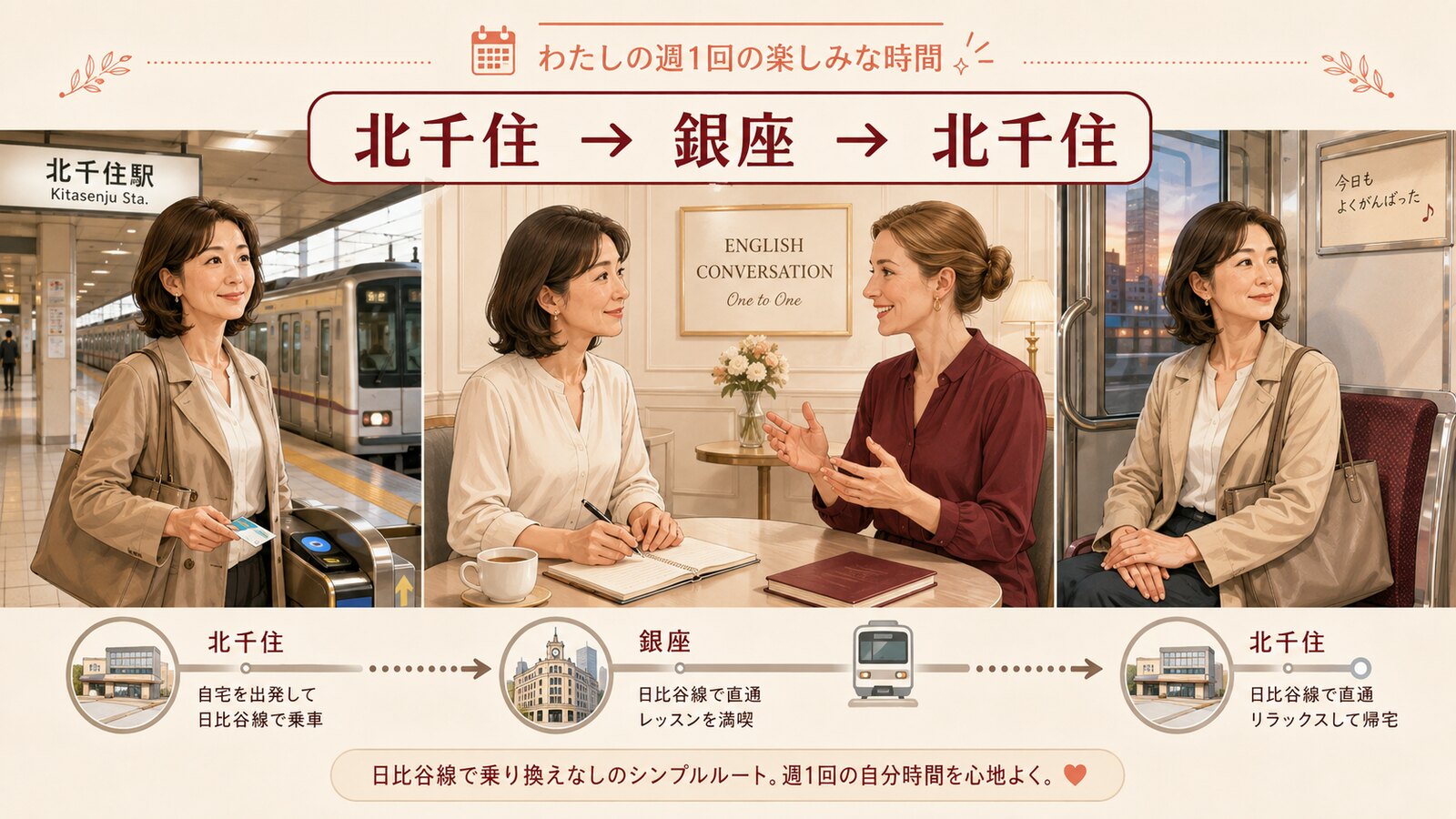 北千住から銀座へ日比谷線で英会話レッスンに通う大人女性