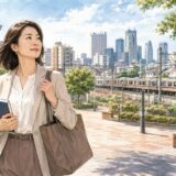 国領で英会話教室を探す大人女性と京王線・新宿通勤のイメージ
