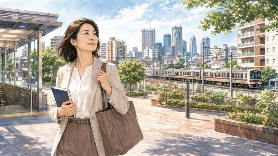 国領で英会話教室を探す大人女性と京王線・新宿通勤のイメージ