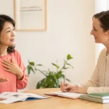 英会話教室で講師へ学習目的を伝える大人女性