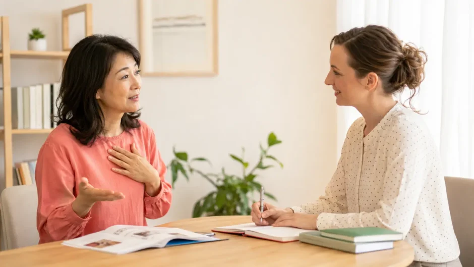 英会話教室で講師へ学習目的を伝える大人女性