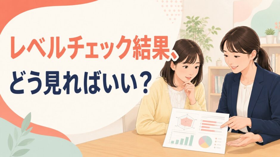 英会話教室のレベルチェック結果票を講師と確認する受講生