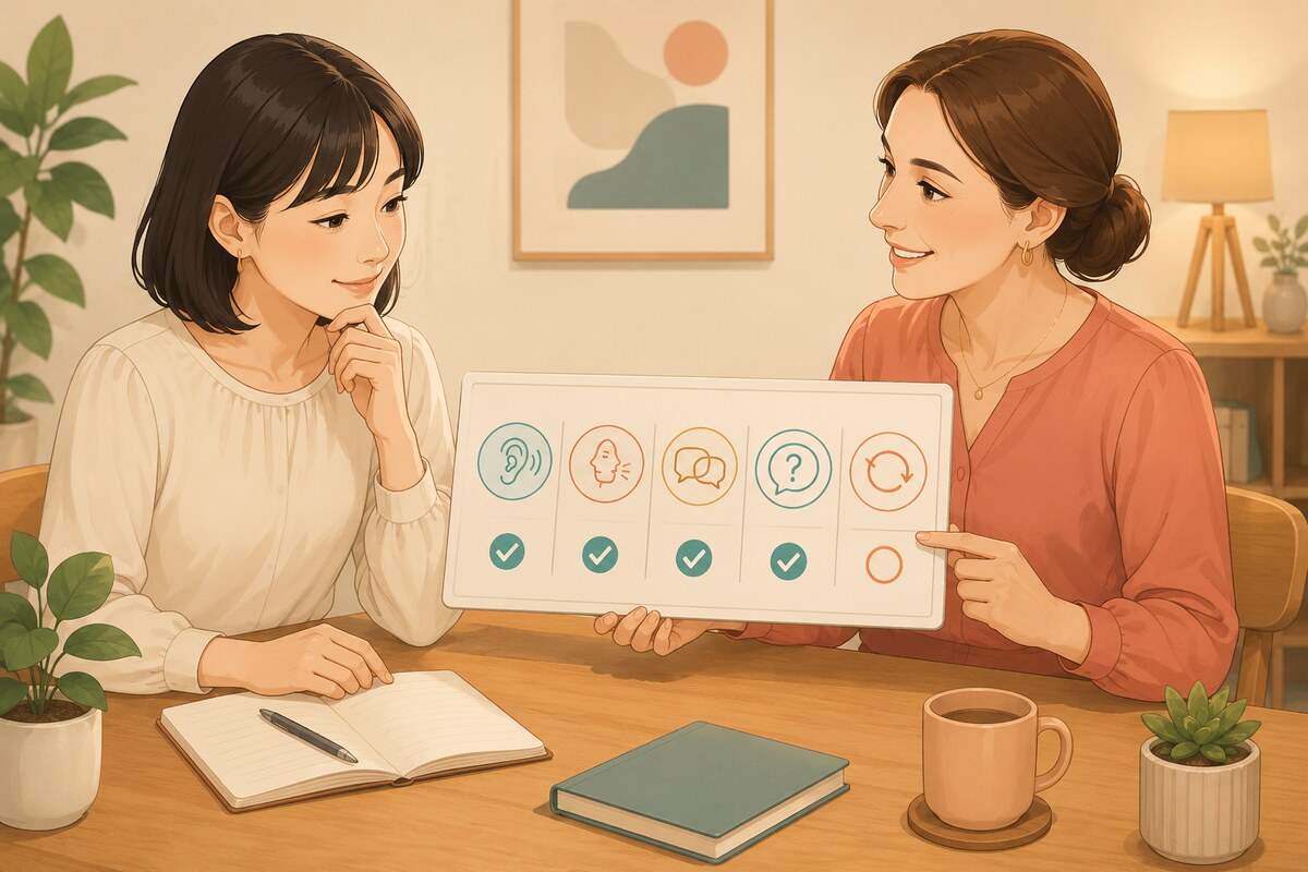 英会話講師と受講生がレベルアップの判断項目を確認する様子
