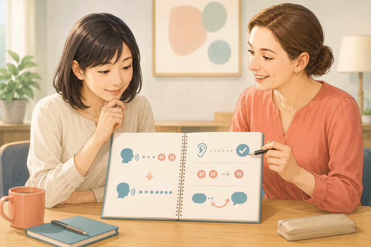英会話講師と受講生が具体的な上達ポイントを確認する様子