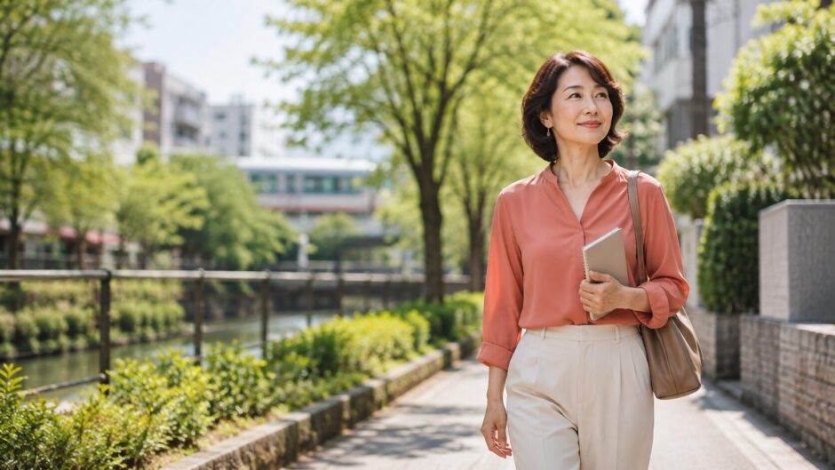 目黒区の緑豊かな街並みを歩く英会話学習中の大人女性