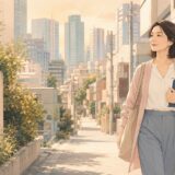 南新宿から徒歩で新宿の英会話教室へ向かう大人女性