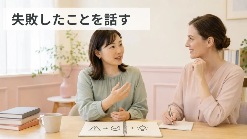 英会話レッスンで失敗したことを話す大人の女性