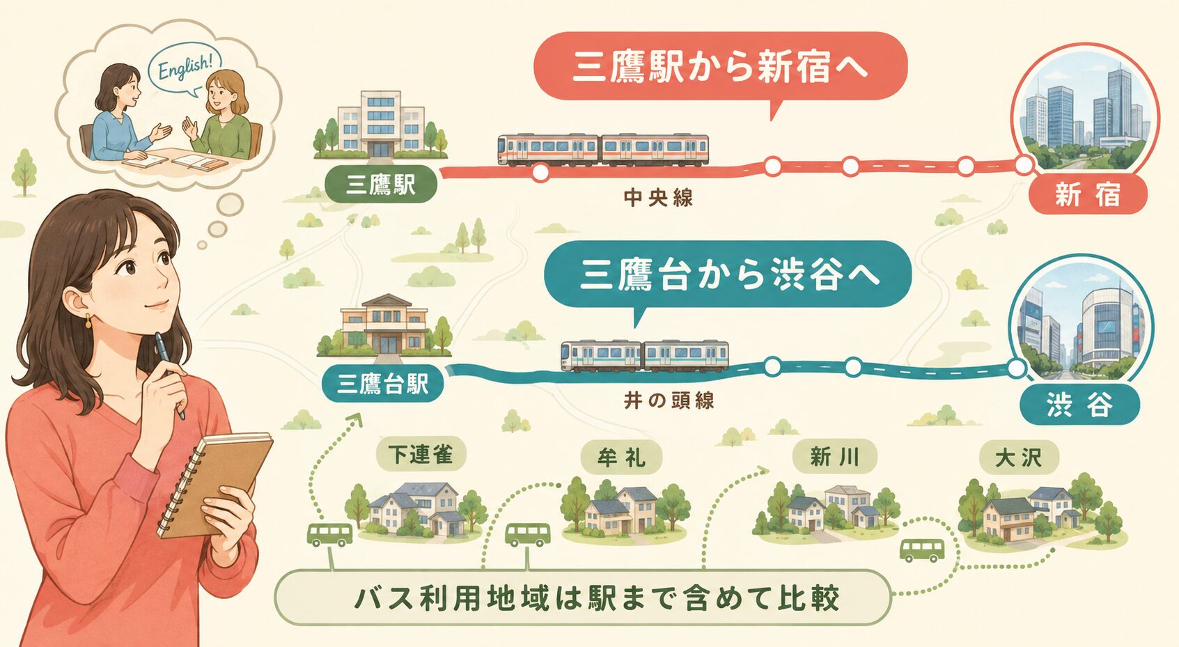 三鷹駅・三鷹台とバス利用地域から新宿・渋谷の英会話教室へ通う動線