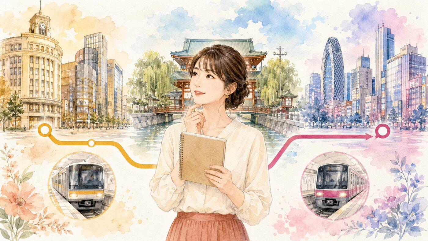 門前仲町から銀座・新宿への通学動線を比較する大人女性