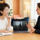 洋画の一場面を講師と英会話学習に使う大人女性