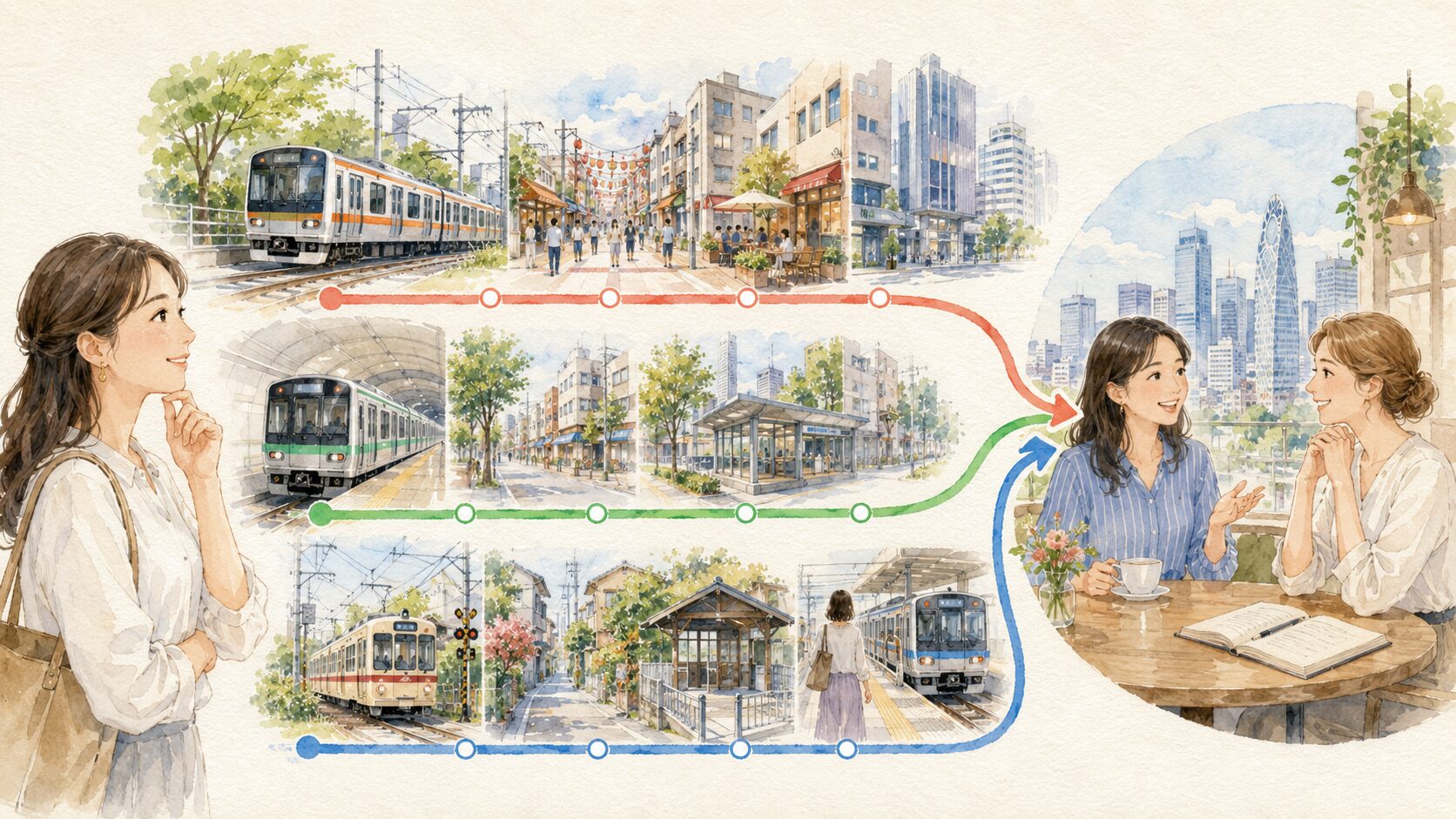中野区の各路線から新宿の英会話教室へ通う動線を考える大人女性