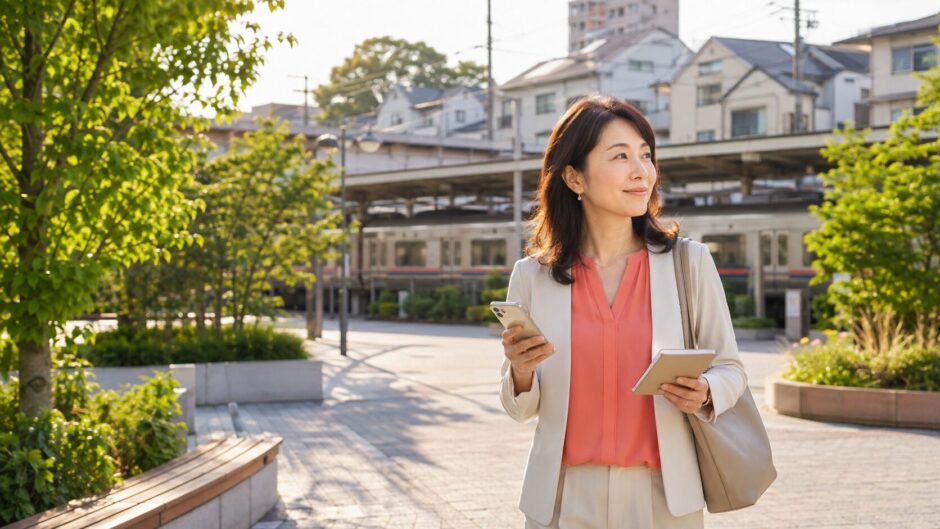 練馬区の駅から英会話教室へ通う大人女性のイメージ