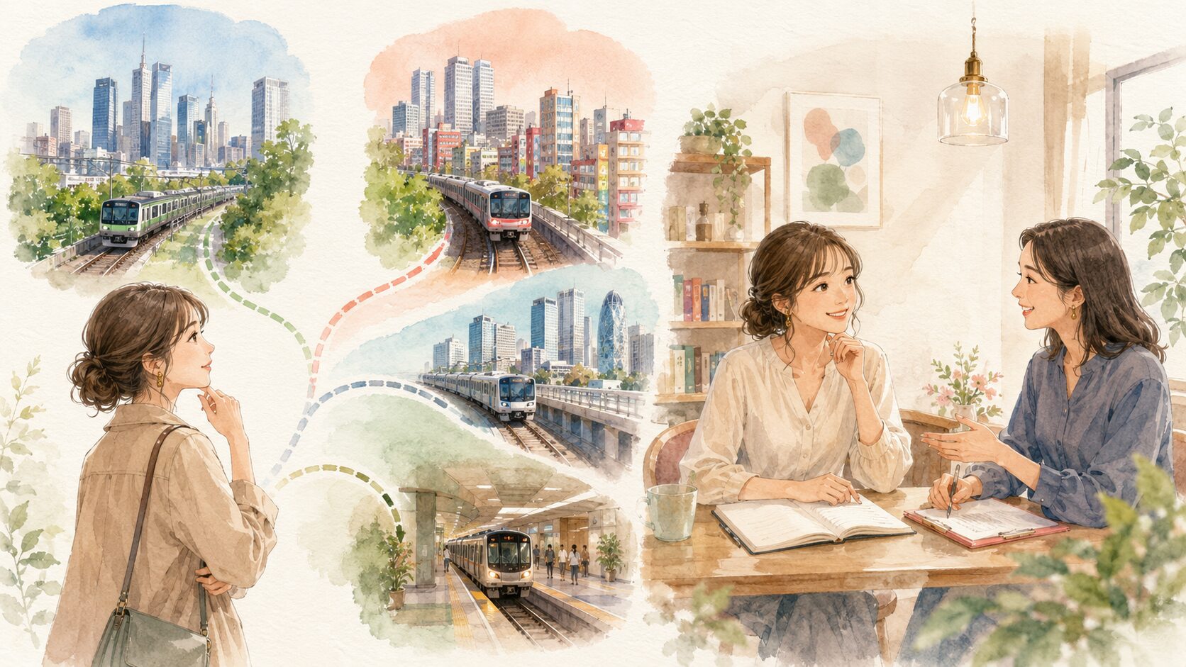 練馬区の複数路線から池袋・新宿方面の英会話教室を選ぶイラスト