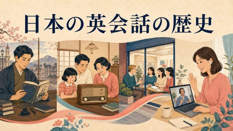 明治からオンライン英会話まで日本の英会話の歴史を描いたイラスト