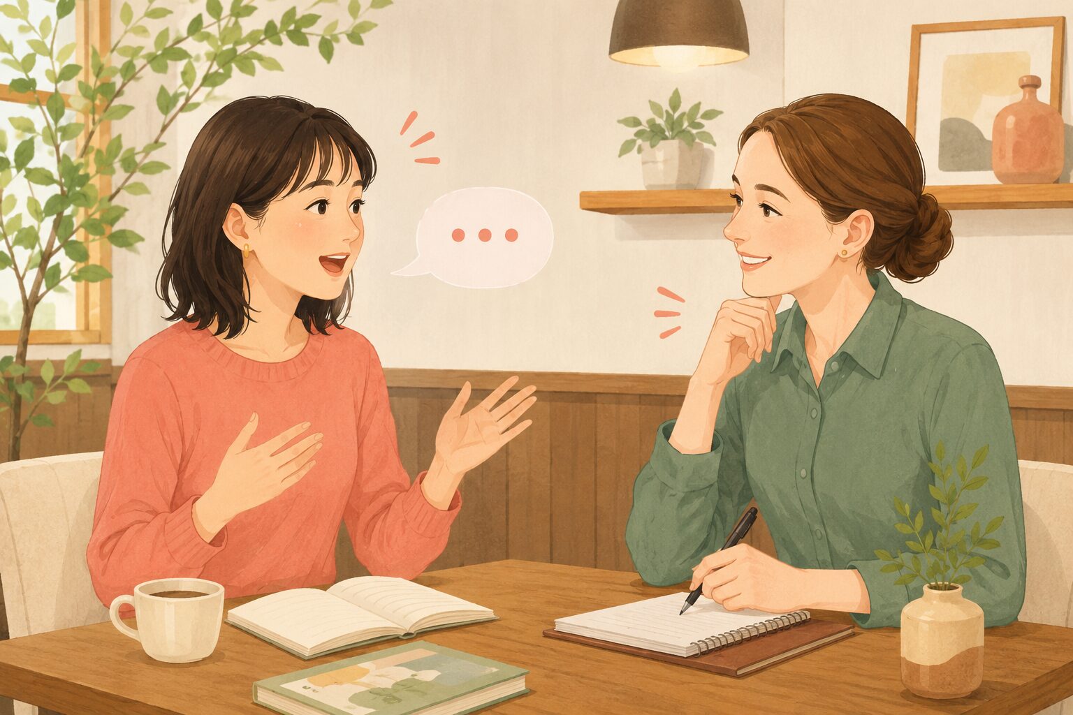 マンツーマン英会話で講師からフィードバックを受ける大人初心者女性
