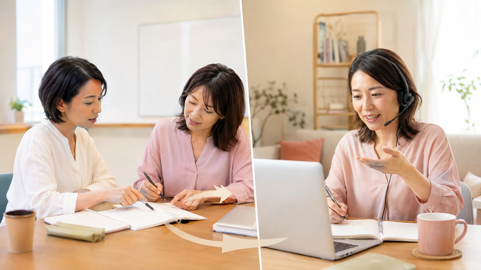 教室で整理した課題を自宅のオンライン英会話で練習する大人女性