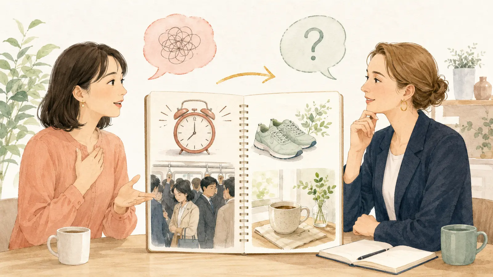 以前の生活と今の生活を比べて英会話レッスンで話すイラスト