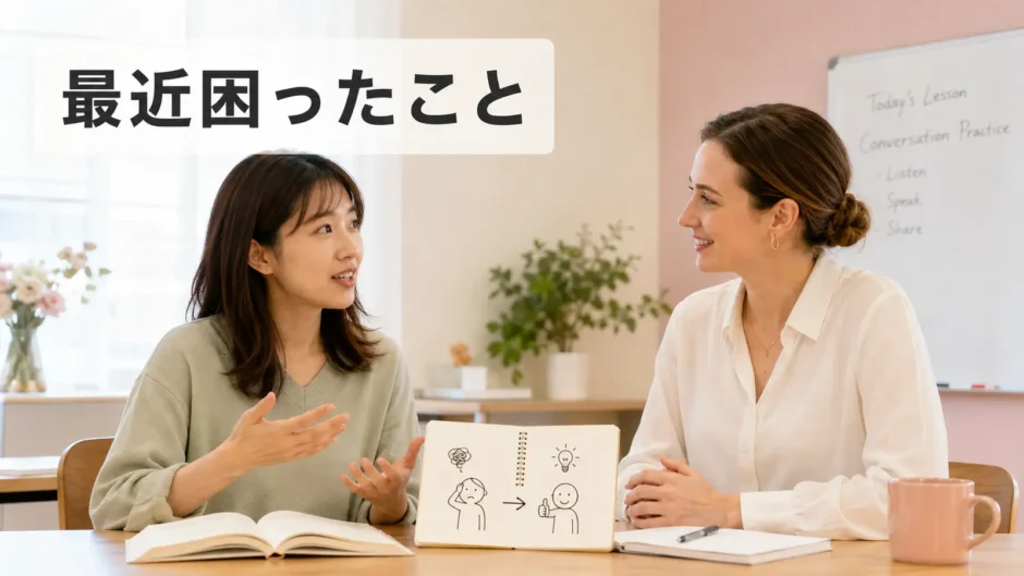 英会話レッスンで最近困ったことを話す大人の女性