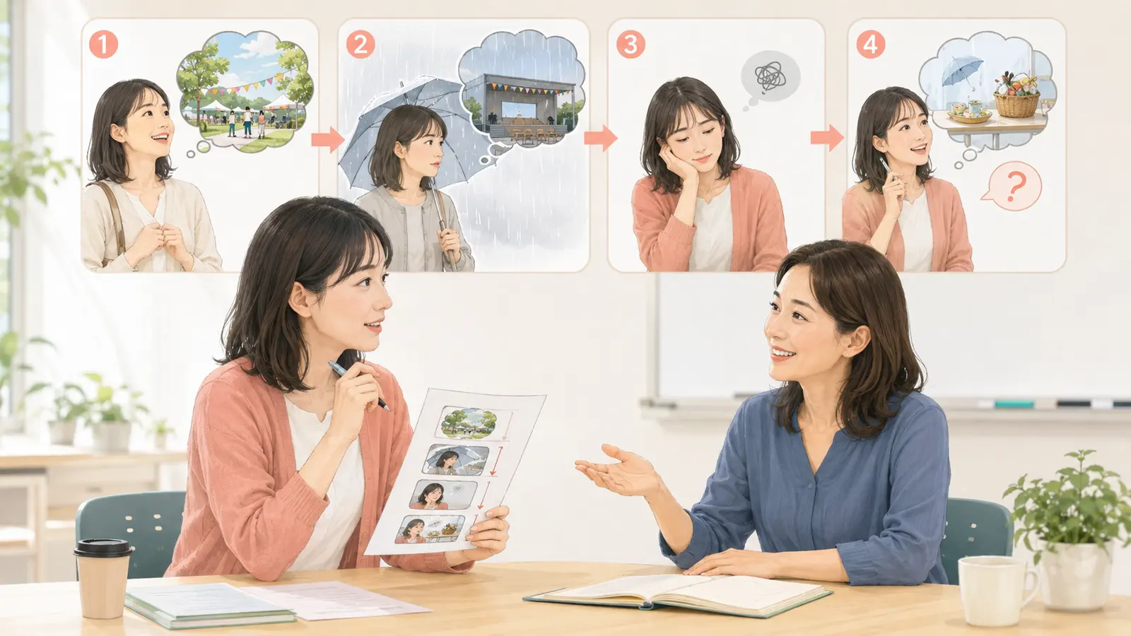 英会話レッスンでがっかりしたことを期待・出来事・気持ち・次の行動に分けて準備する様子