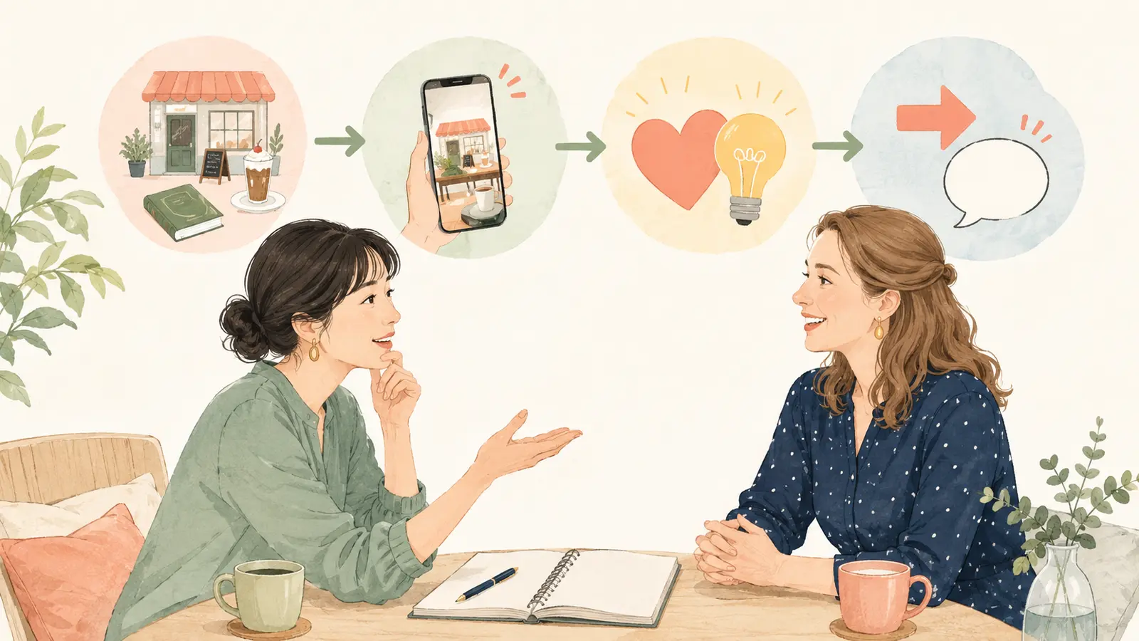 英会話レッスンで最近気になることを四つの順番で話すイラスト