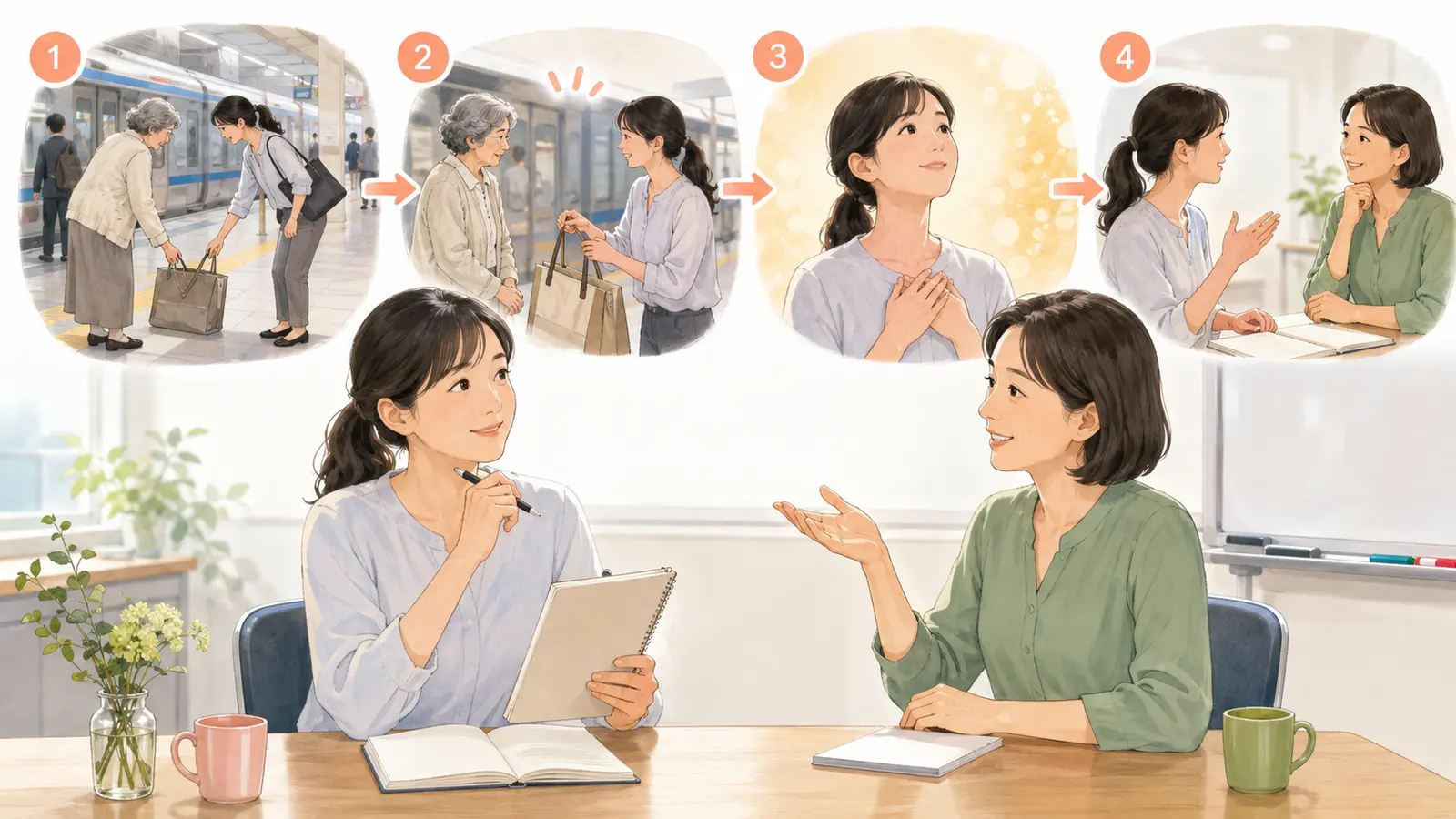 最近感動したことを出来事・印象的な点・気持ち・質問の順で整理するイラスト