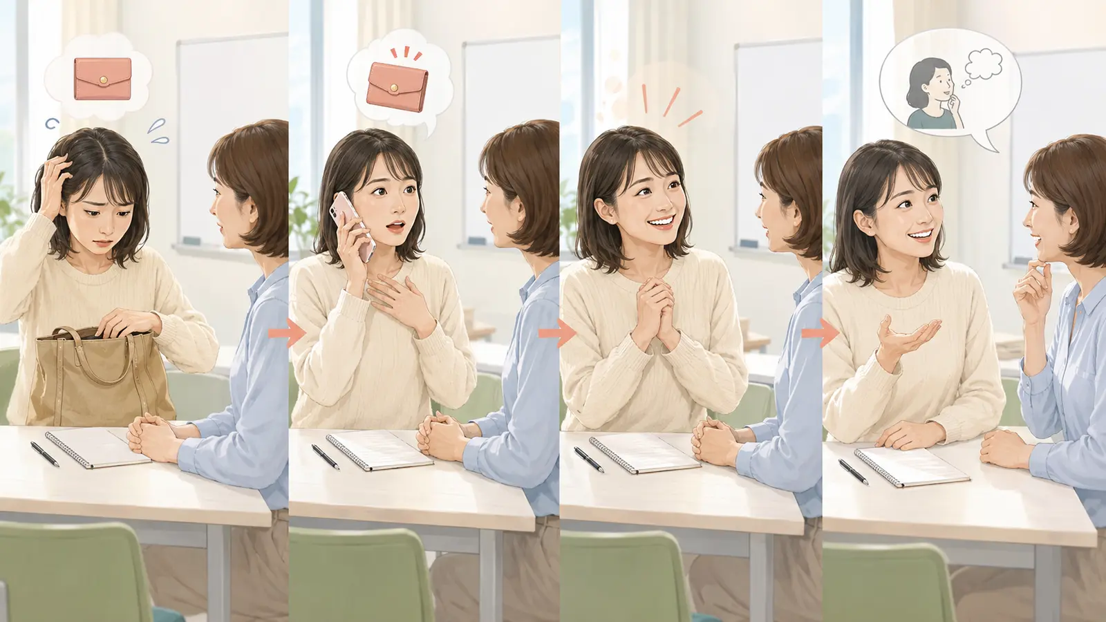 最近ほっとしたことを心配・結果・気持ち・質問の順で整理するイラスト