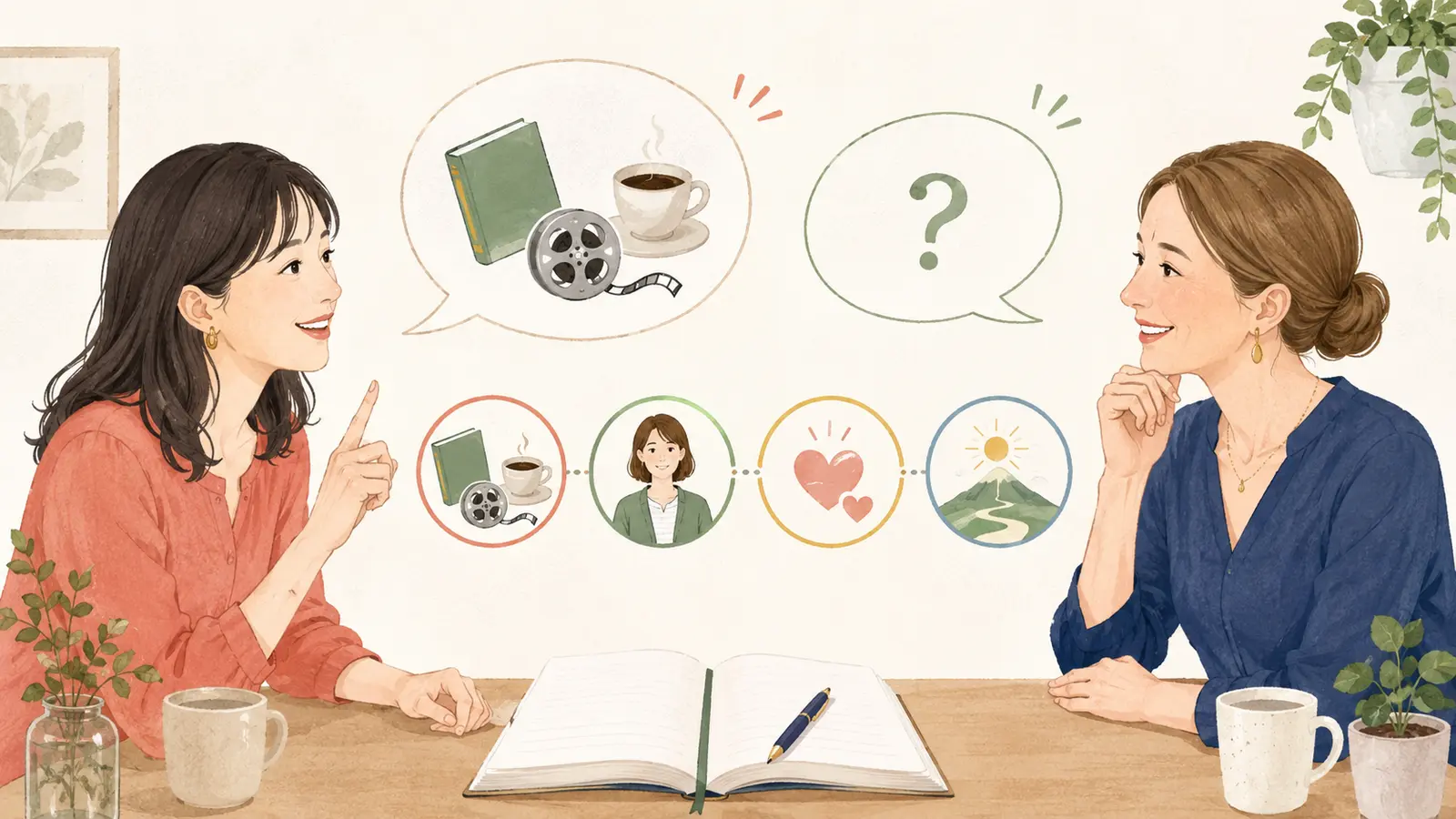 英会話レッスンでおすすめを四つの順番で話すイラスト