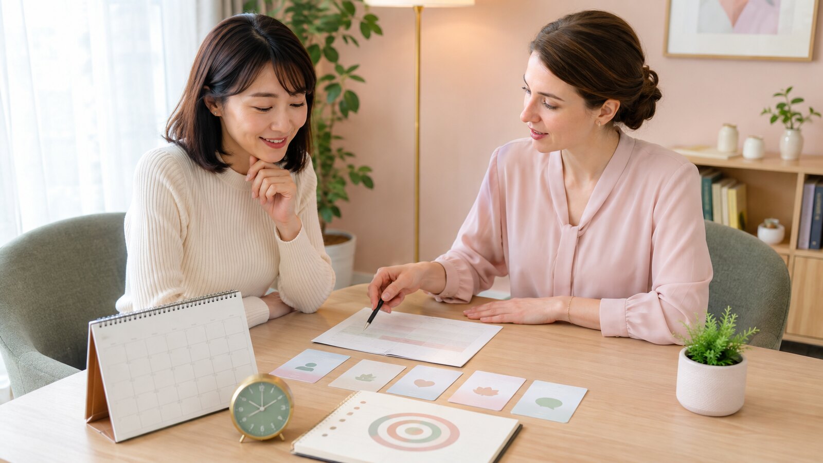 英会話教室を再開する時期と通い方をスタッフへ相談する大人女性