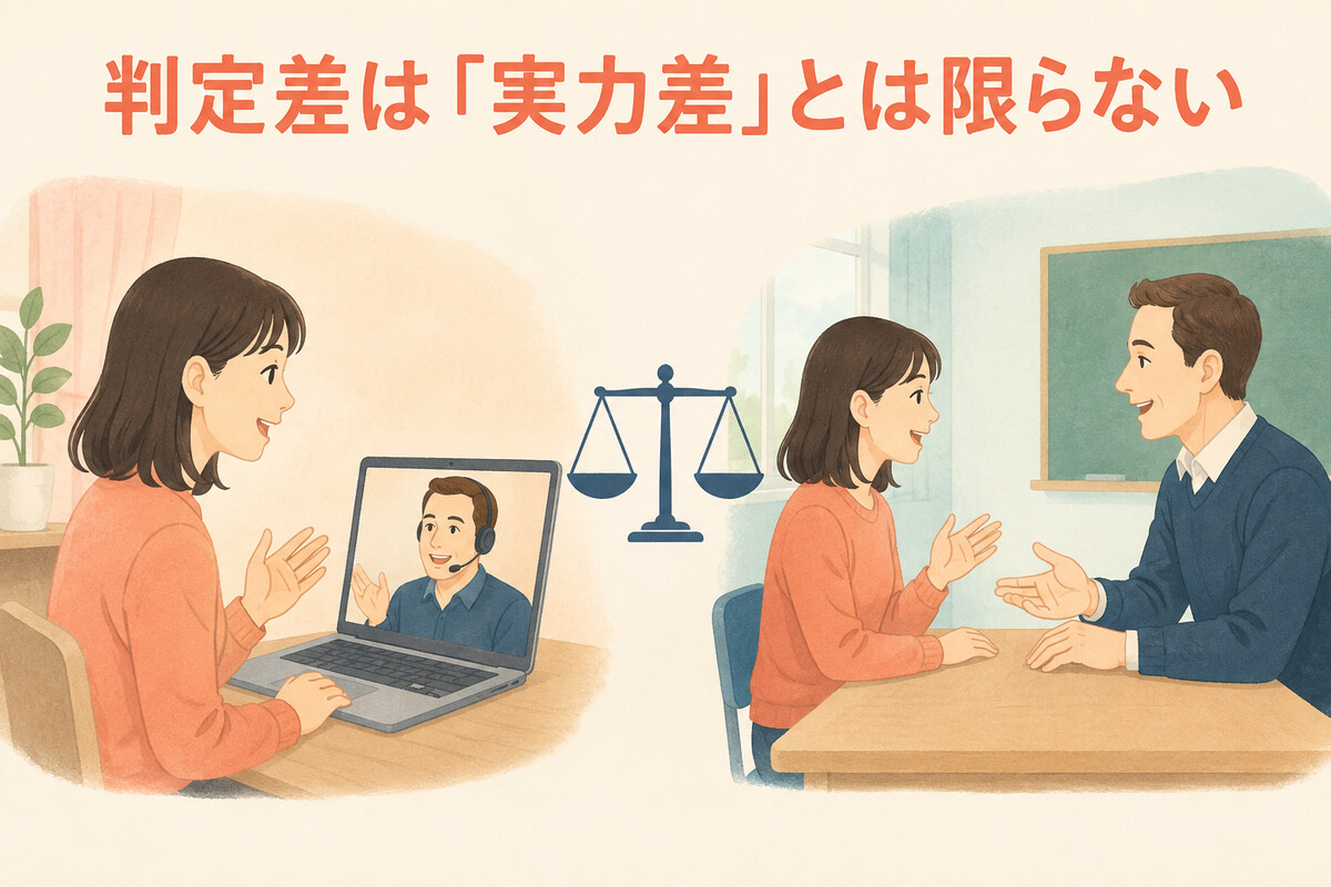 オンラインと対面の環境差で英会話のレベル判定が変わることを示すイラスト