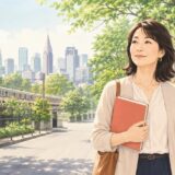 芦花公園で英会話教室を探す大人女性と京王線・新宿のイメージ