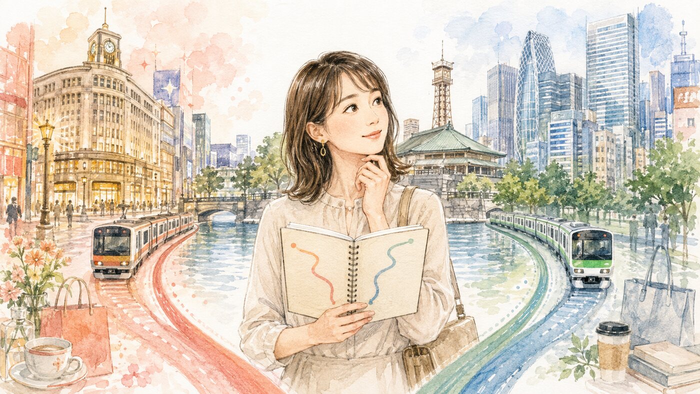 両国から銀座・新宿への通学動線を比較する大人女性