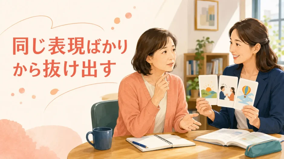 英会話レッスンで同じ表現から別の言い方へ広げる大人女性と講師