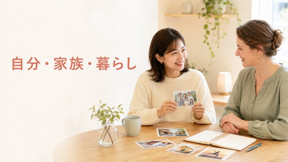 英会話レッスンで自分や家族や暮らしについて話す大人の女性と講師