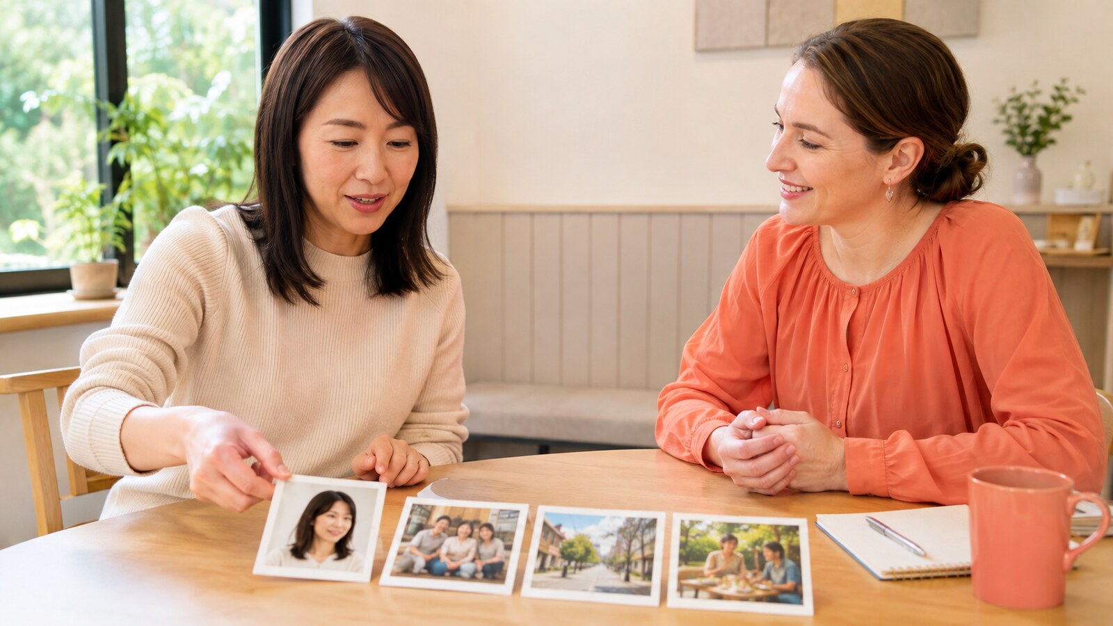 自分・家族・住んでいる街・日常生活の写真から話題を選ぶ女性と講師