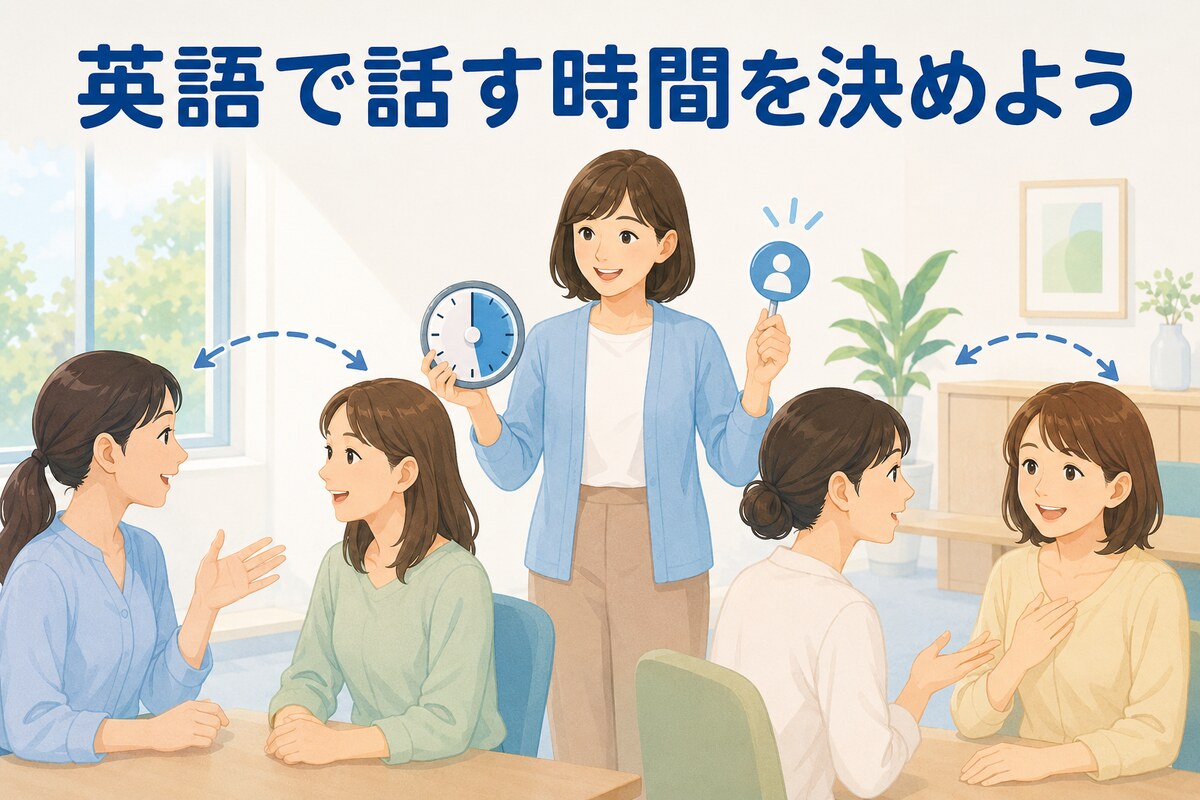 英会話グループレッスンで講師が英語で話す時間と順番を決める様子