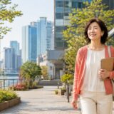 品川区の街並みを歩く英会話学習中の大人女性