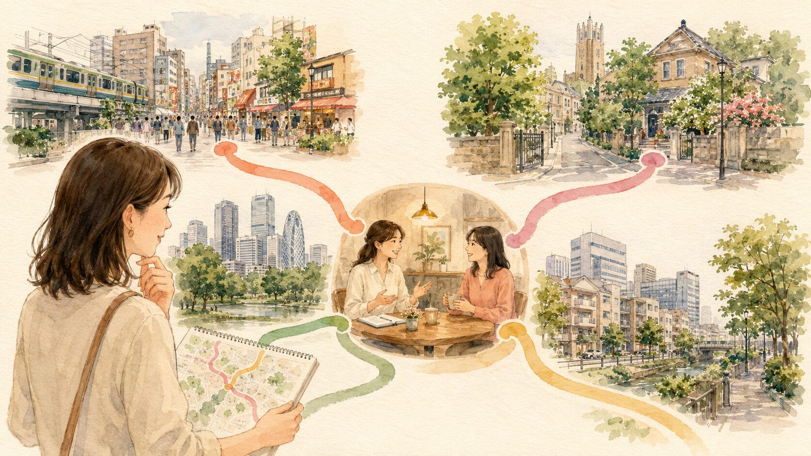 新宿区内の各地域から新宿の英会話教室へ通う生活動線を考える大人女性
