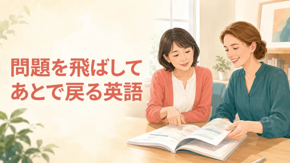 英会話レッスンで難しい問題を飛ばして次へ進む大人女性