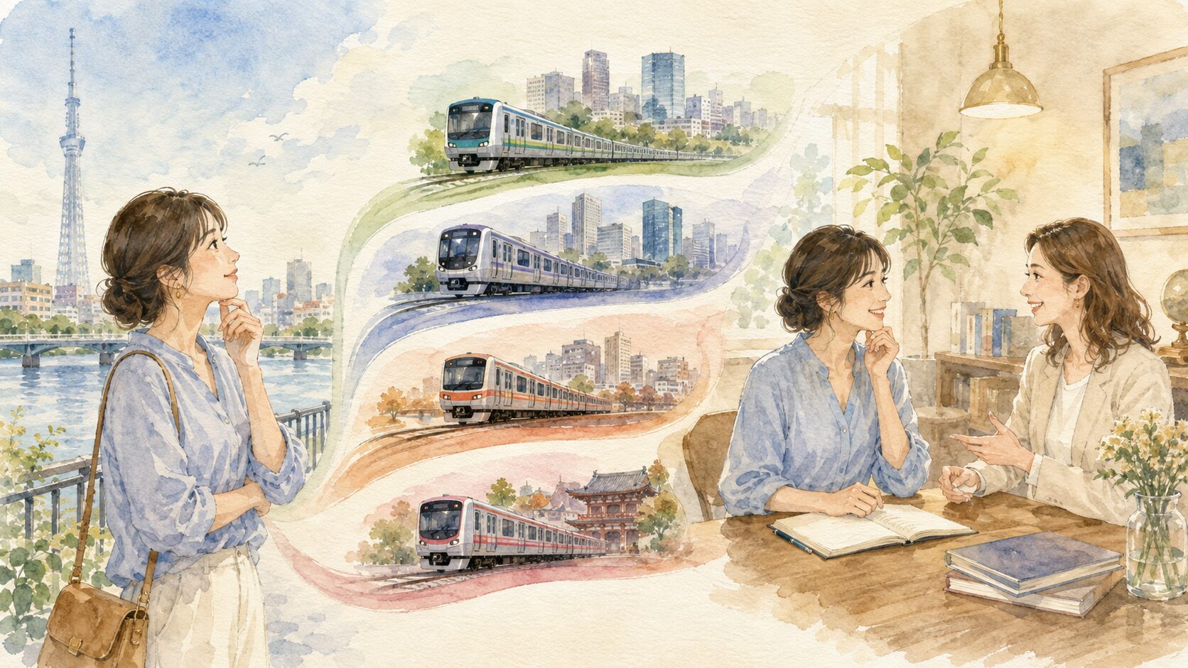 墨田区の複数路線から都心の英会話教室を選ぶイラスト